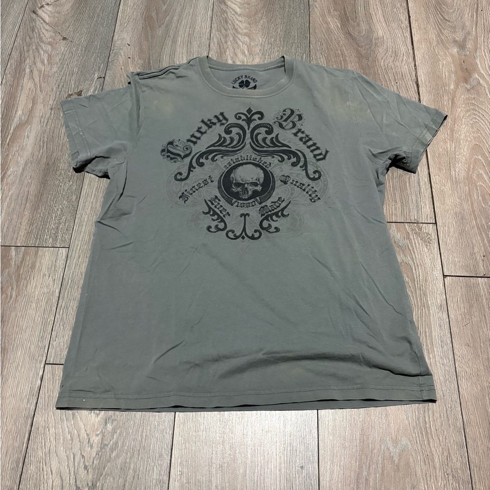 Men’s Y2K Lucky Brand Skater Grunge T Shirt Gray Graphic Short Sleeve Size M